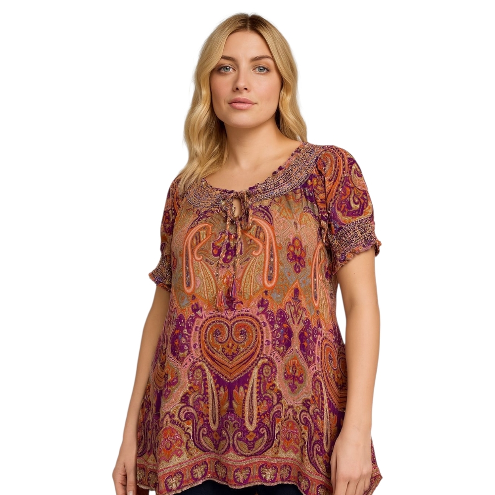 Bila Bohemian Tan Multicolored Paisley Print Women's Top Size Large
